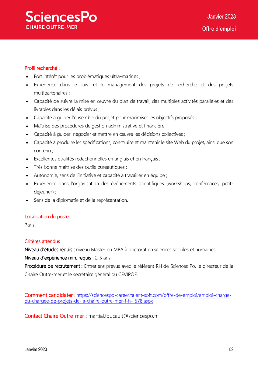 La <a href="/ChaireOutreMer/">Chaire Outre-Mer de Sciences Po</a> recrute un.e chargé.e de projet pour une mission de coordination des activités de recherche et des missions pédagogiques.
Comment postuler : sciencespo-career.talent-soft.com/offre-de-emplo…