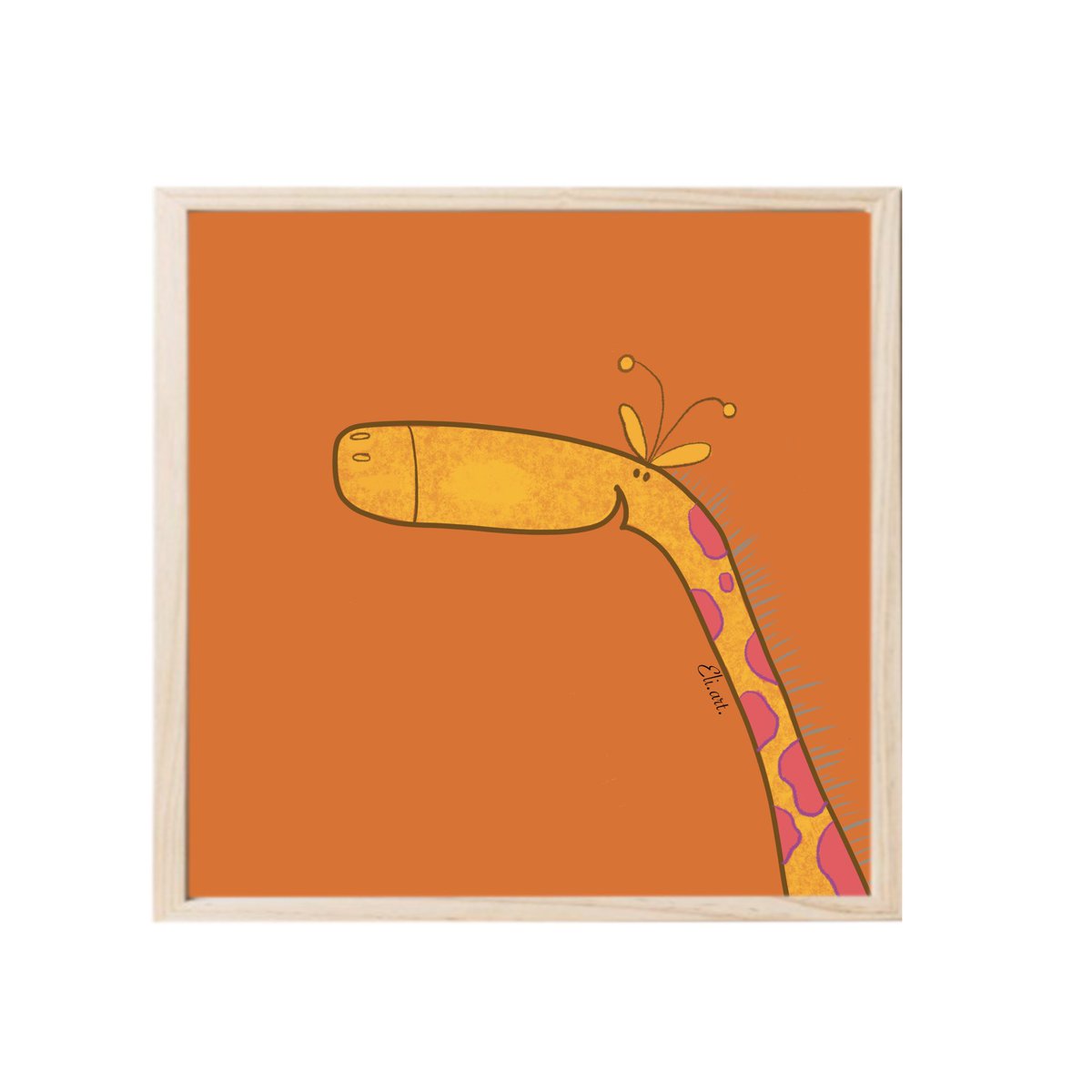 eli_digitalart's tweet photo. Meet Schnozz the Giraffe, an adorable cartoon giraffe with a big nose and an even bigger personality This quirky illustration features a giraffe large nose and a smiling expression set against a vibrant orange background.#NFTs #Procreate #illustration #nursery #kidsroom #handmade https://t.co/Bn6dx4bsFD