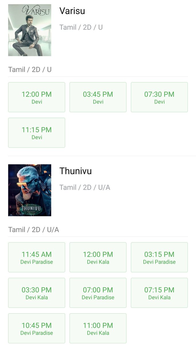 WeTalkiess's tweet photo. Pongal releases to face first working day Tomorrow
Devi Complex
only 4 shows to #Varisu but #thunivu gets 8 Shows in which 4 shows are in #Mainscreen
Udhayam
shows of Varisu in main screen removed and all the 4 shows in main screen goes to #thunivu
#realwinner https://t.co/8LM1OhYCjM