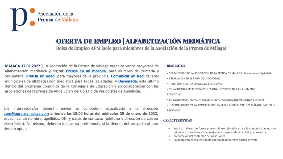aprensamalaga's tweet photo. 📢 𝗢𝗳𝗲𝗿𝘁𝗮 𝗱𝗲 𝗲𝗺𝗽𝗹𝗲𝗼 para miembros APM.
Se buscan personas para impartir talleres de educomunicación presenciales/online dirigidos a alumnado, profesores, padres y mayores de Málaga y provincia.
Enviar CV 📩 apm@aprensamalaga.com antes del 25 de enero. #EmpleoAPM https://t.co/YXArJ3O0KU