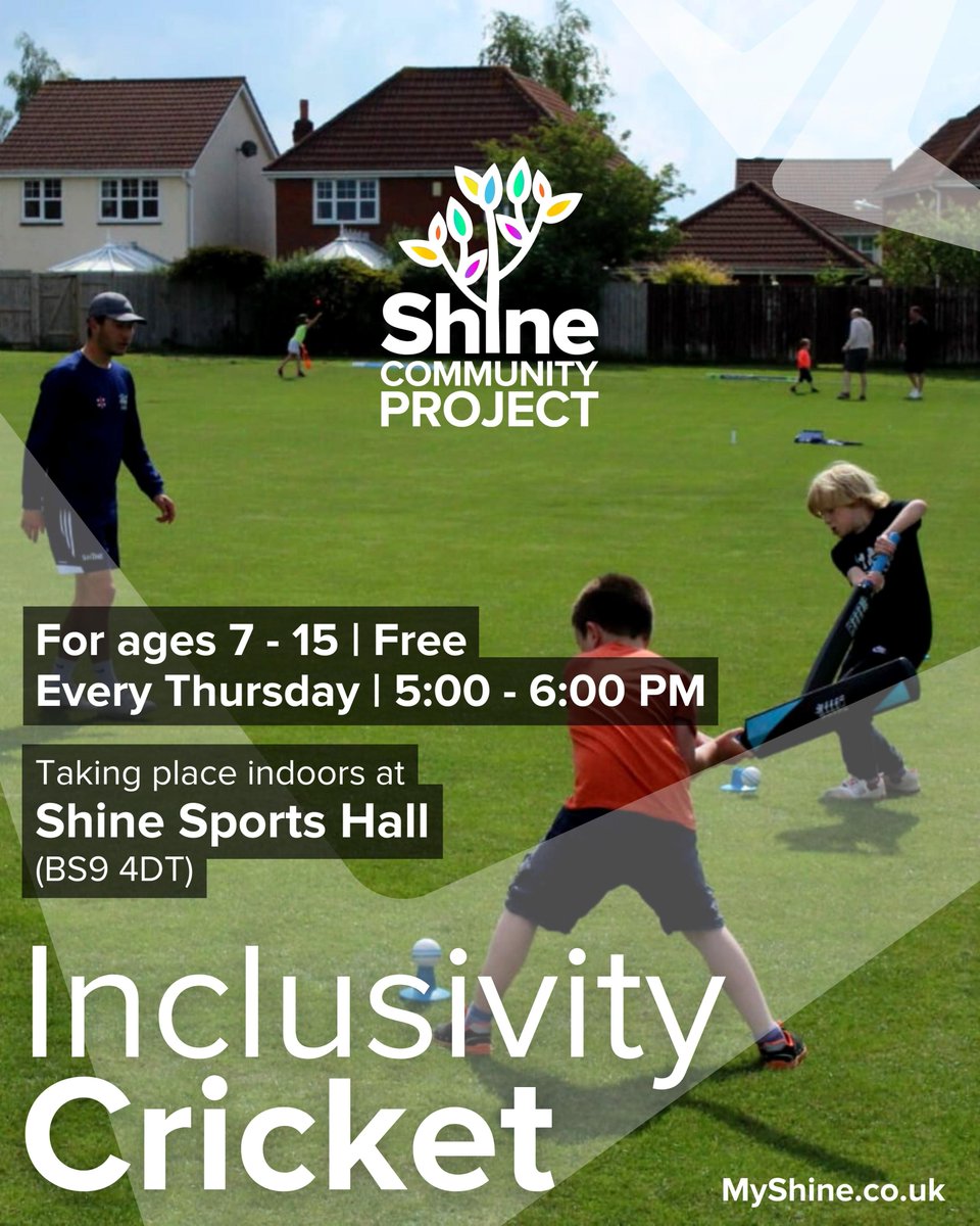 Shine4Community's tweet photo. Make sure you join us this week for our Inclusive cricket sessions. 
Run by @MyShineUK coaches and supported by @GlosCricketFdn 

When -Thursdays 5-6pm
Where - Shine Sports Hall BS9 4DT
Cost - £0

Register your place on the @MyShineUK website.

#InclusionSport #Bristol #Cricket https://t.co/K4tQO3WV8g