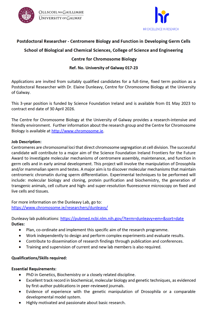 Elaine Dunleavy (@dunleavy_elaine) on Twitter photo Postdoc and PhD positions available in my lab in Galway. Get in touch by email if you are interested: elaine.dunleavy@universityofgalway.ie
Thanks to @scienceirel for funding! Postdoc and PhD positions available in my lab in Galway. Get in touch by email if you are interested: elaine.dunleavy@universityofgalway.ie
Thanks to @scienceirel for funding!