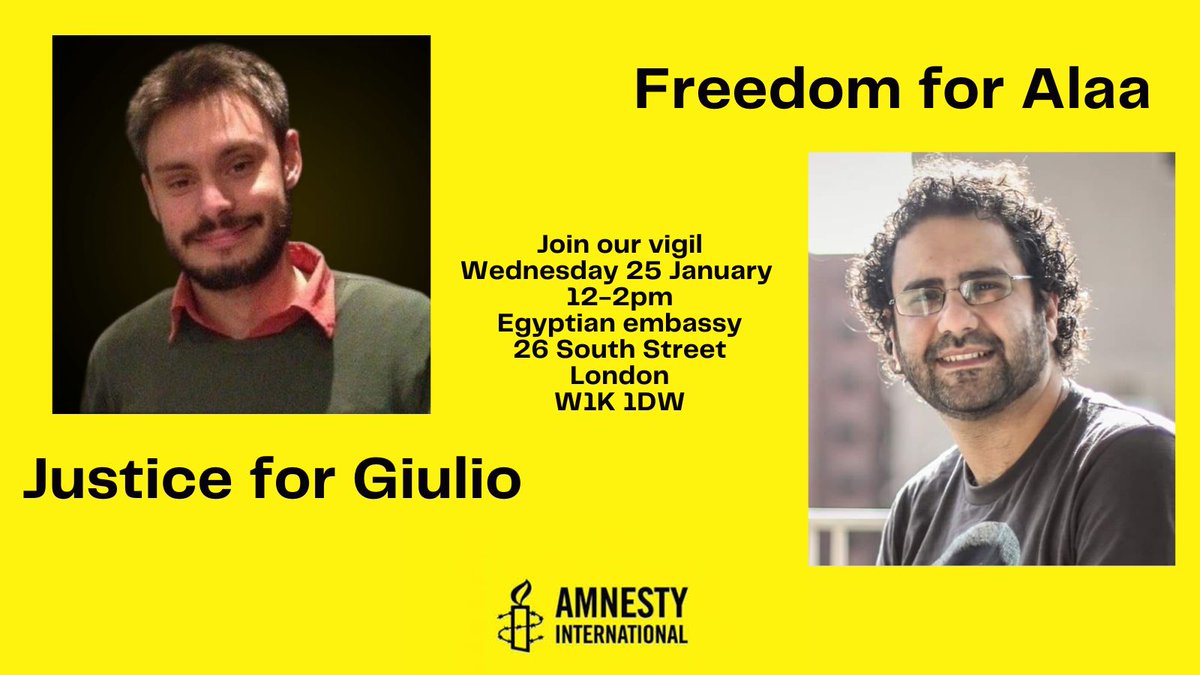 Join our vigil on 25th January 2023 
outside the #Egypt embassy London 
to demand
#JusticeforGiulio 
#FreeAlaa

#AlaaAbdelfattah is an icon of the Egyptian revolution which began on 25th January 2011
#GiulioRegeni, an Italian student at Cambridge, disappeared on 25th January 2016