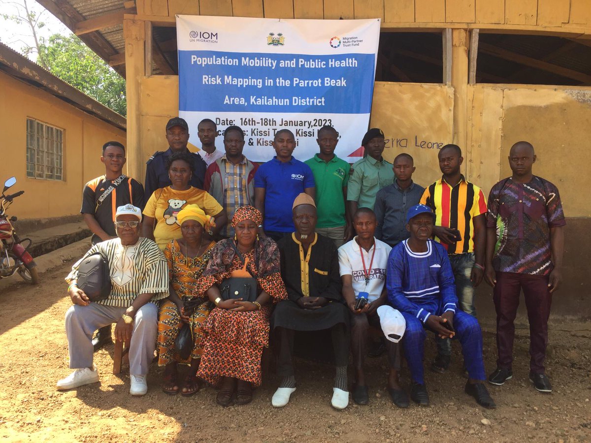 IOMSierraLeone's tweet photo. This week, IOM &amp; the Government of Sierra Leone commenced a Population mobility &amp; public health risk mapping exercise in the parrot's beak, located in Kailahun, where 🇸🇱 meets with 🇬🇳&amp; 🇱🇷.

This activity is being delivered with support from the Migration Multi-Partner Trust Fund. https://t.co/56uHB86Cah