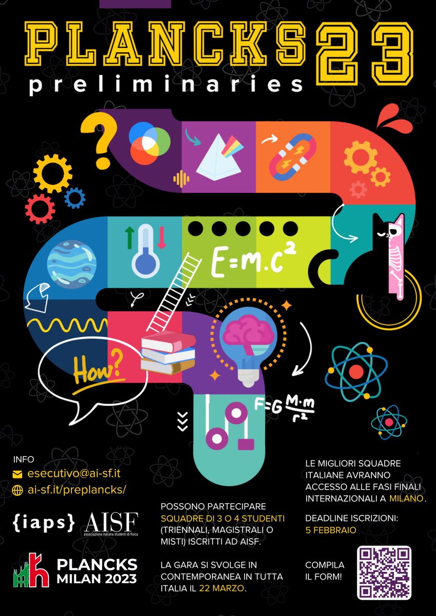 Anche quest'anno torna PLANCKS!

Le iscrizioni per le preliminaries organizzate da AISF sono APERTE🔥 trovate il link 👇

La squadra vincitrice avrà l'accesso alle finali di PLANCKS 23 che si terranno a Milano 🇮🇹

#prePLANCKS23

linktr.ee/aisf_fisica?fb…!