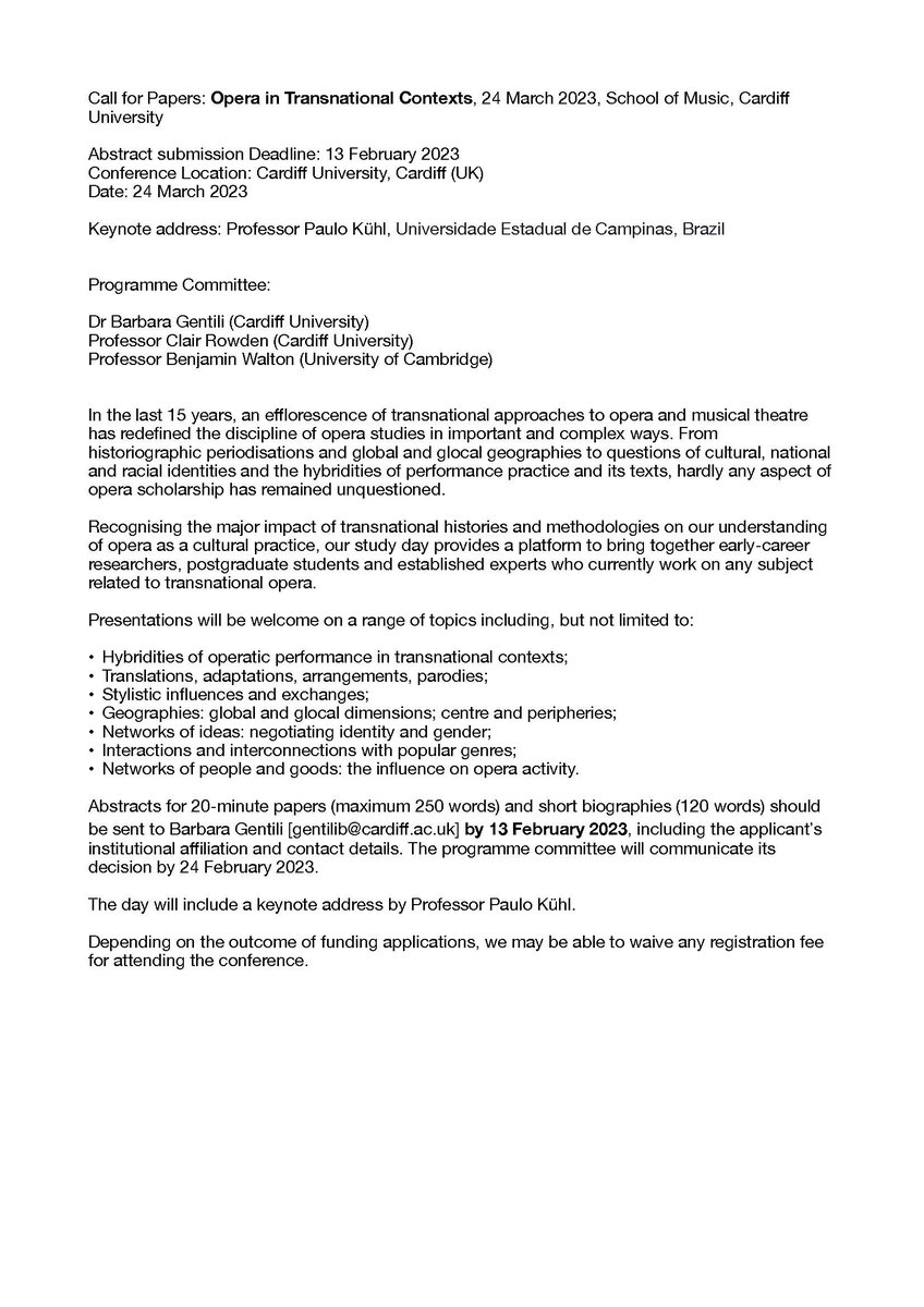 cardiffunimusic's tweet image. Abstracts for papers and short biographies are invited for our Opera in Transnational Contexts study day, bringing together early-career researchers, postgraduate students and established experts who work on any subject related to transnational opera. More details below 👇