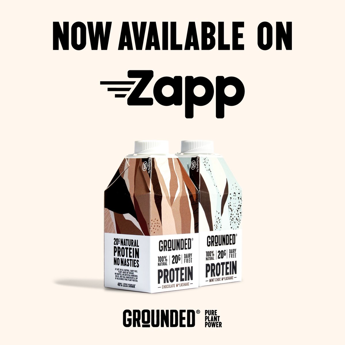 GROUNDEDshakes's tweet photo. We've just launched with rapid delivery service Zapp.  🚀⏩ @tryzapp 

You can now get our range of plant-based protein shakes delivered to your door in as little as 20 minutes.

Find us on the app now. 👉📱

 #Veganprotein #Zapp #Veganuary https://t.co/3Gdv2lEDnO
