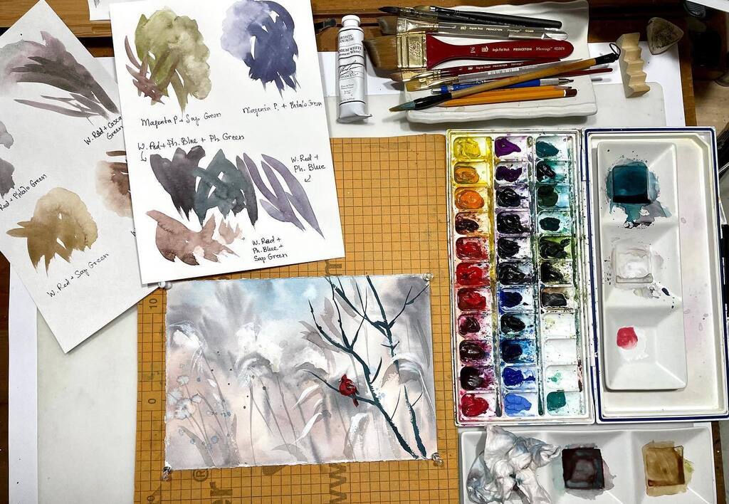 TummyRubbStudio's tweet photo. I will be painting this winter scene live this Saturday, January 21 starting at 10 am US Central. I will use only 4 colors and talk about limited palettes. To watch and paint with me, join my community by signing up for email alerts on my website, ksenia… https://t.co/oYMSZmdHag https://t.co/3AKNyvyyH1