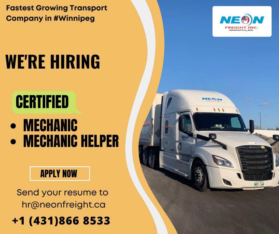 NeonFreightinc's tweet photo. Transportation Services in #Winnipeg #CANADA

We're Hiring #NeonFreight #Inc

Truck Drivers | Dispatchers | Operations

Please share your CV at hr@neonfreight.ca
call us at +1 (431)866 8533 or 204 560 6600

#NeonFreightInc #TruckingJobs #Canada #CanadaJobs #TruckingJobsCanada https://t.co/BUtHK0Fn9w