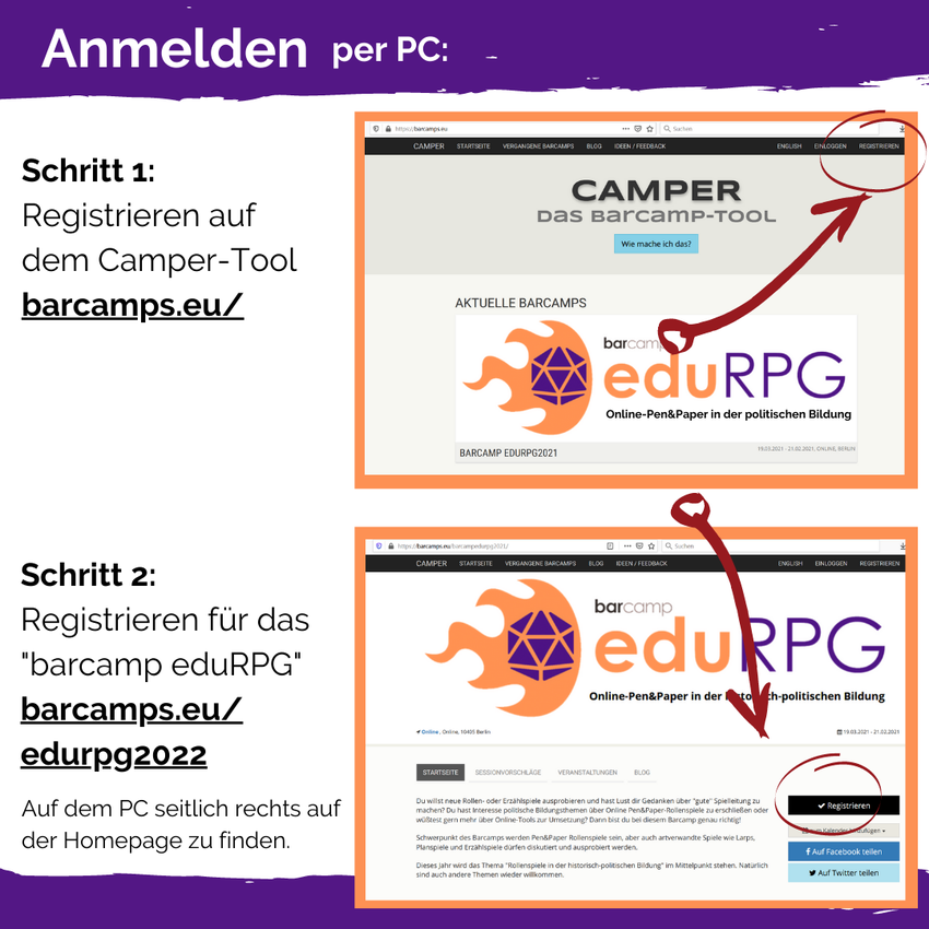 WaldritterB's tweet photo. Du willst zum #eduRPG #Barcamp, bist aber unsicher, wie du dich anmelden kannst? Klick einfach auf den Registrieren-Button auf der Barcamp-Seite. Hier gibt eine Anleitung. Jetzt steht deinem Austausch über #Rollenspiele nichts mehr im Weg. :) https://t.co/FGcEu73Mc4 #pnp #pnpde https://t.co/4LNZLORfzp
