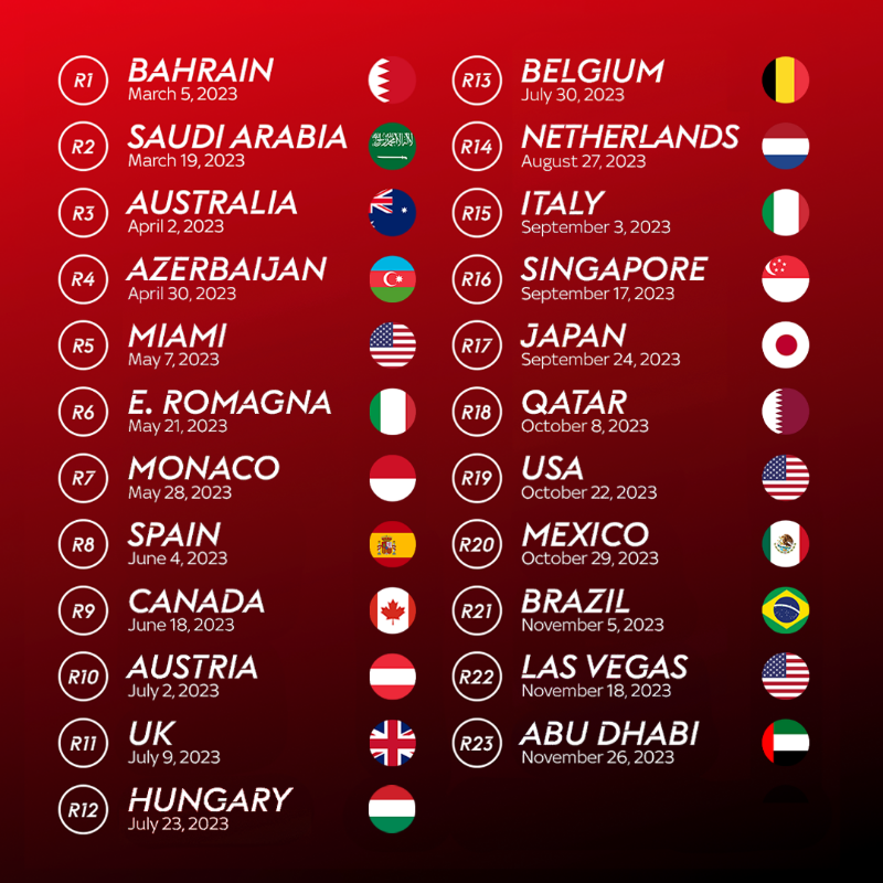 SkySportsF1's tweet photo. CONFIRMED! Formula 1 have formally confirmed a 23-race season for 2023 after opting not to replace the cancelled Chinese Grand Prix 📅