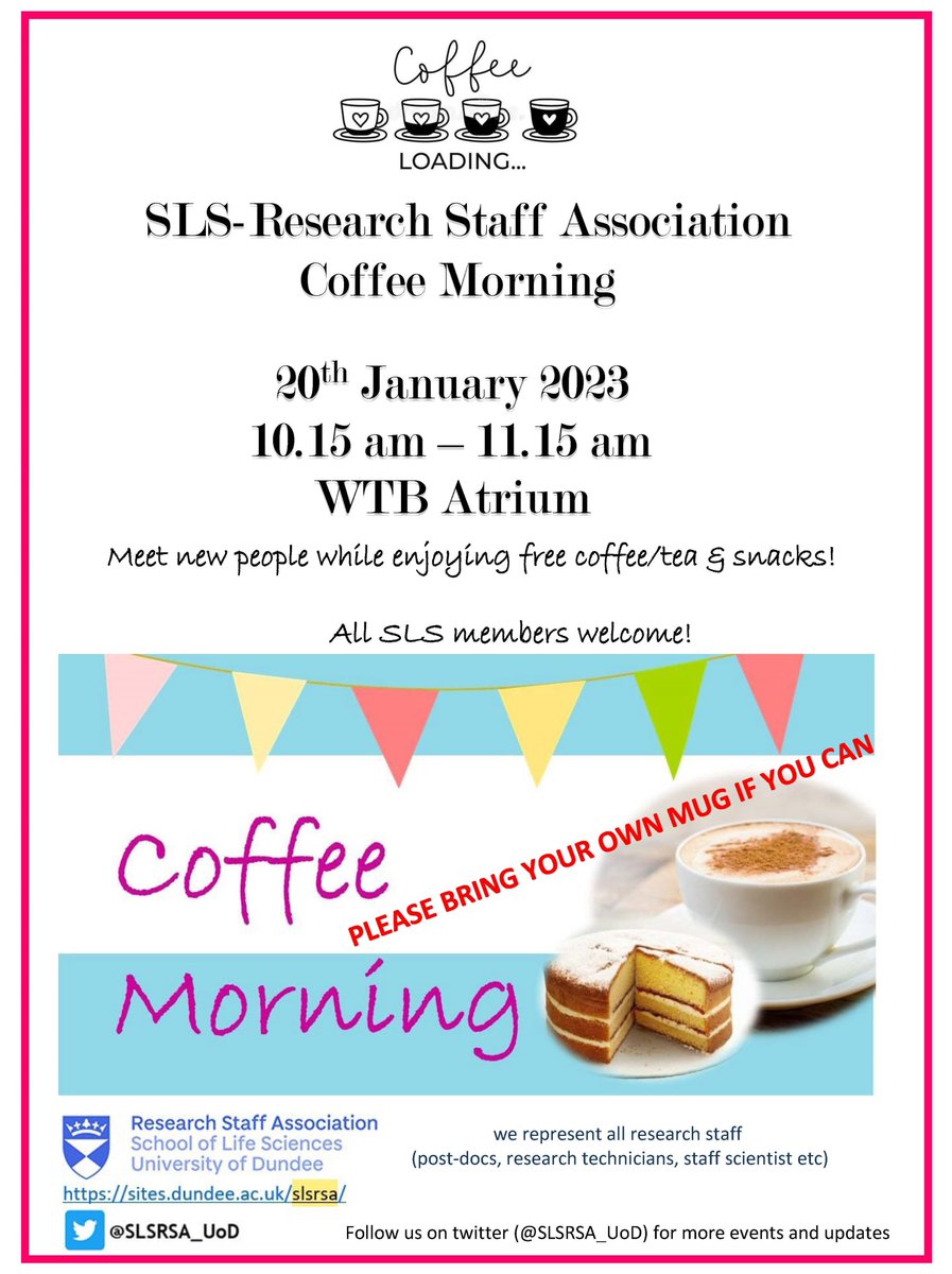 SLSRSA_UoD's tweet photo. We at the Research Staff Association would like to invite you to our next coffee morning on 20 January, starting at 10:15 am in the WTB atrium. Free hot drinks and snacks will be provided. ☕️

We look forward to seeing you there!

P.S.: Please bring your own mug if you can https://t.co/ANHLO55K0b