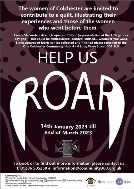 Help us ROAR! We're working with the wonderful <a href="/EBoudica/">EyeofBoudica</a> and <a href="/Community360org/">Community360</a> on events to mark International Women's Day 2023 in #Colchester. Roar! is a radical and collective quilting project, inviting woman of Colchester to create their own square #creative #collaboration