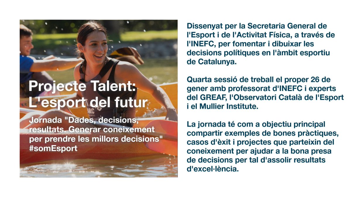 📣Quarta jornada del “Projecte Talent: l'esport del futur” per dissenyar les decisions polítiques esportives a Catalunya

👉Jornada ‘Dades, decisions, resultats. Generar coneixement per prendre les millors decisions’

📅26/01 a l’INEFC BCN

➡️ tuit.cat/xkND4

<a href="/esportcat/">Esports</a>