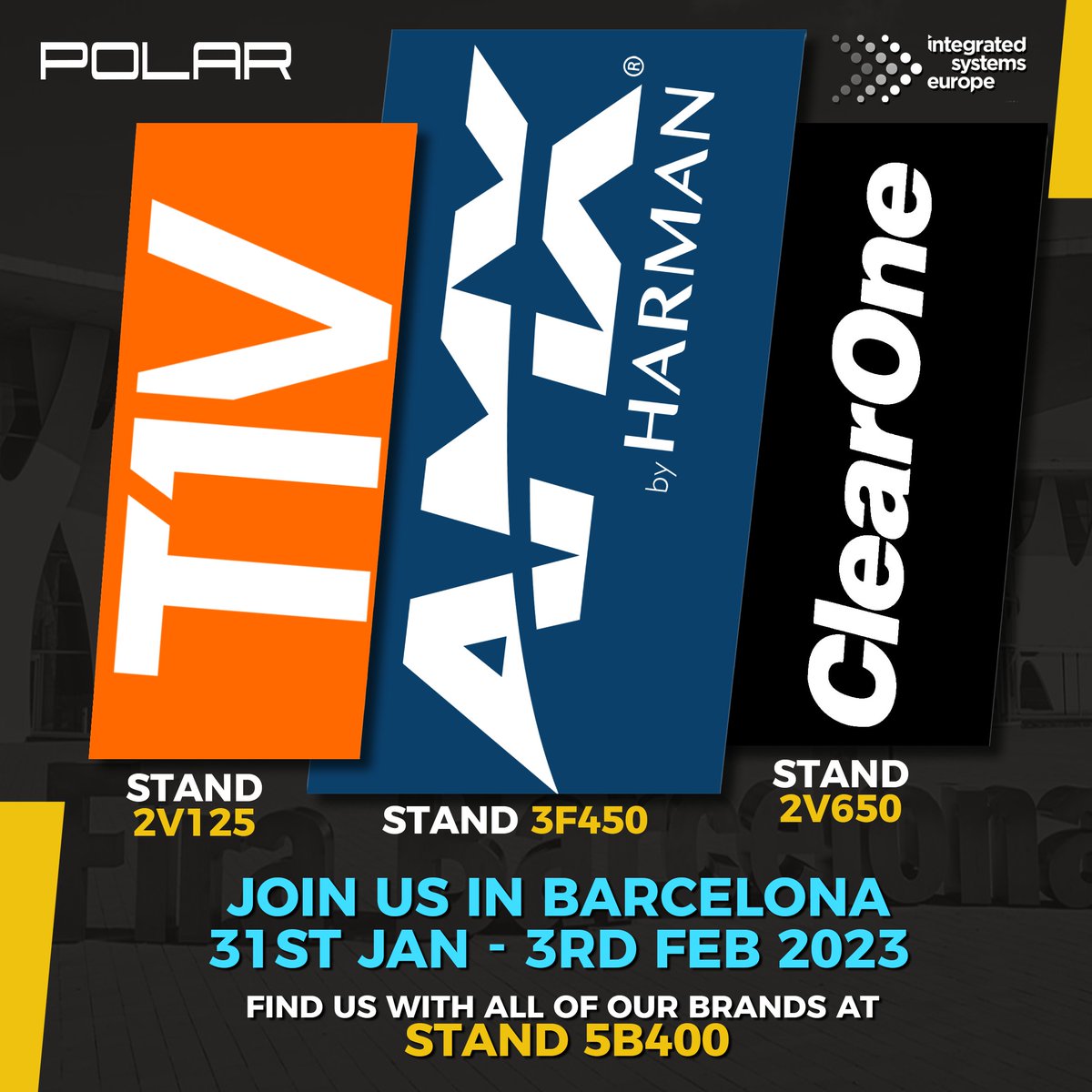 Just 2 weeks until Integrated Solutions Europe (ISE) 2023! Stop by our stand (5B400) to see some of the new innovations from AMX, T1V and ClearOne—and many more. Use our registration code for free entry! registration.firabarcelona.com/?cod_prom=KF9Y…