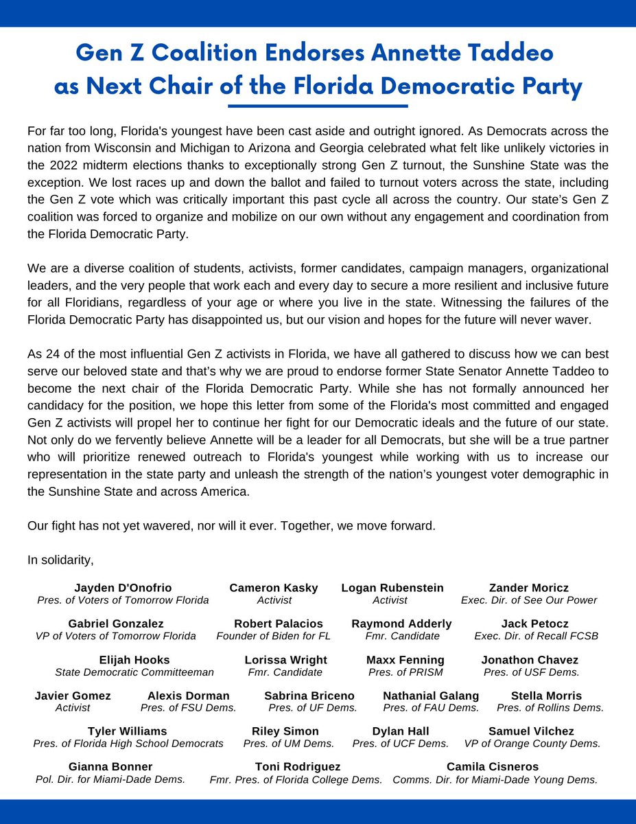 jaydenforfl's tweet photo. Today, I am proud to announce I have created a Florida Gen Z coalition of the 24 most influential activists in the state to endorse @Annette_Taddeo to be the next Chair of the @FlaDems.

See our statement below. https://t.co/98gO1100vJ