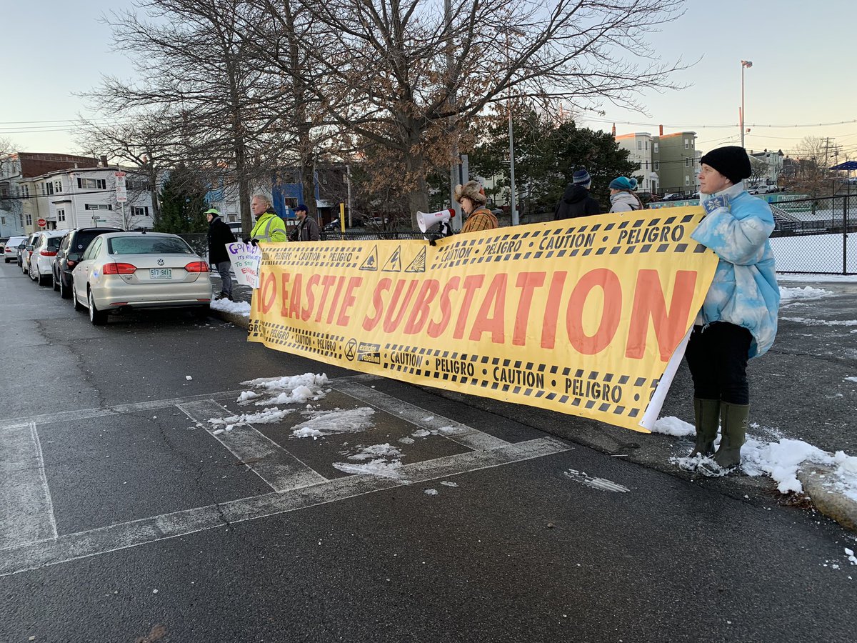 Extinction Rebellion protesters at the site of the East Boston substation at 7 this morning.
