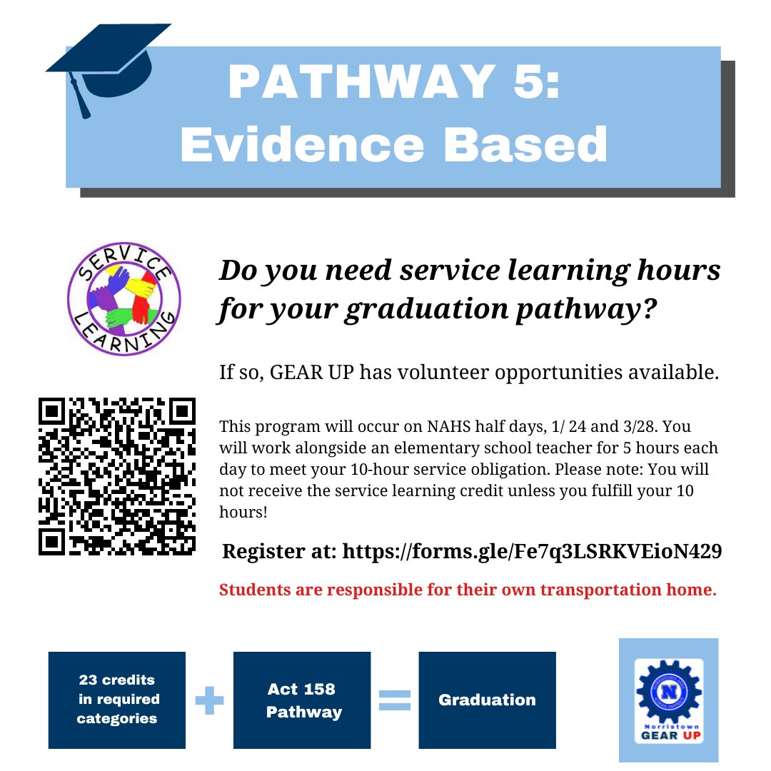 11th and 12th graders! make sure you know your pathway to graduation, and if you're following pathway 5, sign up for service learning hours with GEAR UP to satisfy one of the parts of the evidence-based pathway!