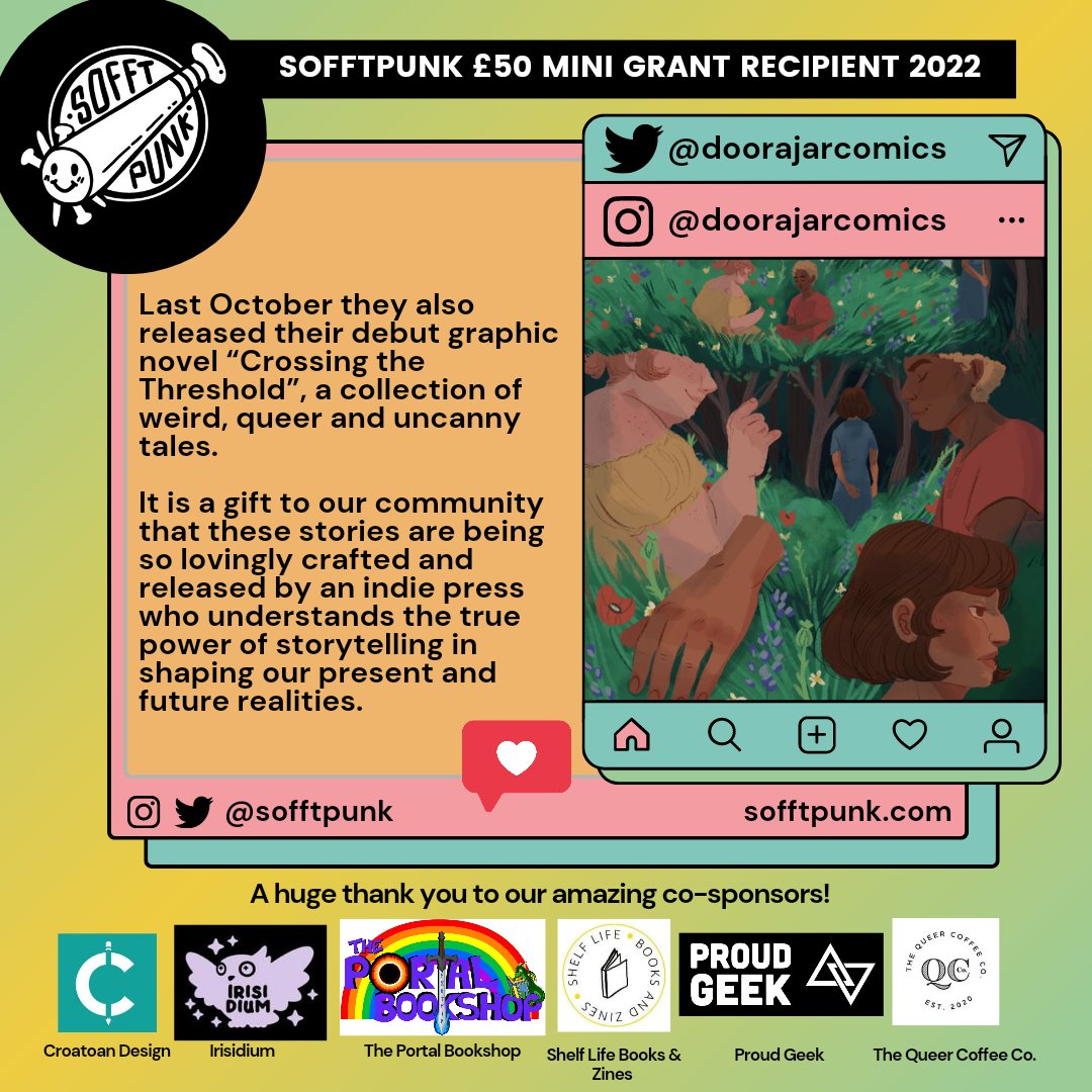 sofftpunk's tweet photo. Sofftpunk 2022 £100 Grant Recipient Spotlight: @doorajarcomics 🎉 this trans owned indie press champions queer voices in the gothic and horror genres &amp; they recently published their debut graphic novel; "Crossing The Threshold" 💖 be sure to follow + support! https://t.co/FhKXREqRvI