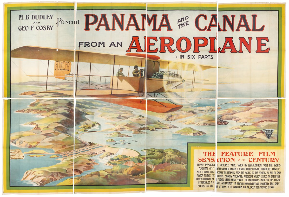 Take to the skies with this poster from the1914 silent film Panama and the Canal from an Aeroplane.

Learn more here: raremaps.com/gallery/detail…

#morethanmaps #airplanehistory #filmhistory