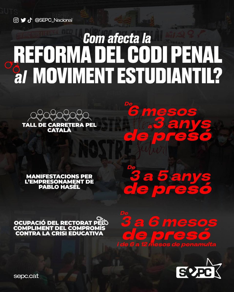 ⛓️La setmana passada s’aprovava la reforma del codi penal 

Què canviarà pel moviment estudiantil? T’ho expliquem! 👇🏽