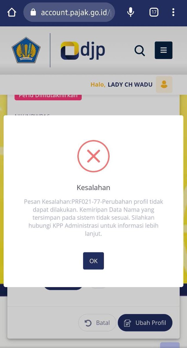 ladychwadu's tweet photo. @kring_pajak selamat malam, saya melakukan validasi data, ketika akan mengubah profil, muncul notifikasi seperti ini, mohon bantuannya https://t.co/coSuHSgvEG