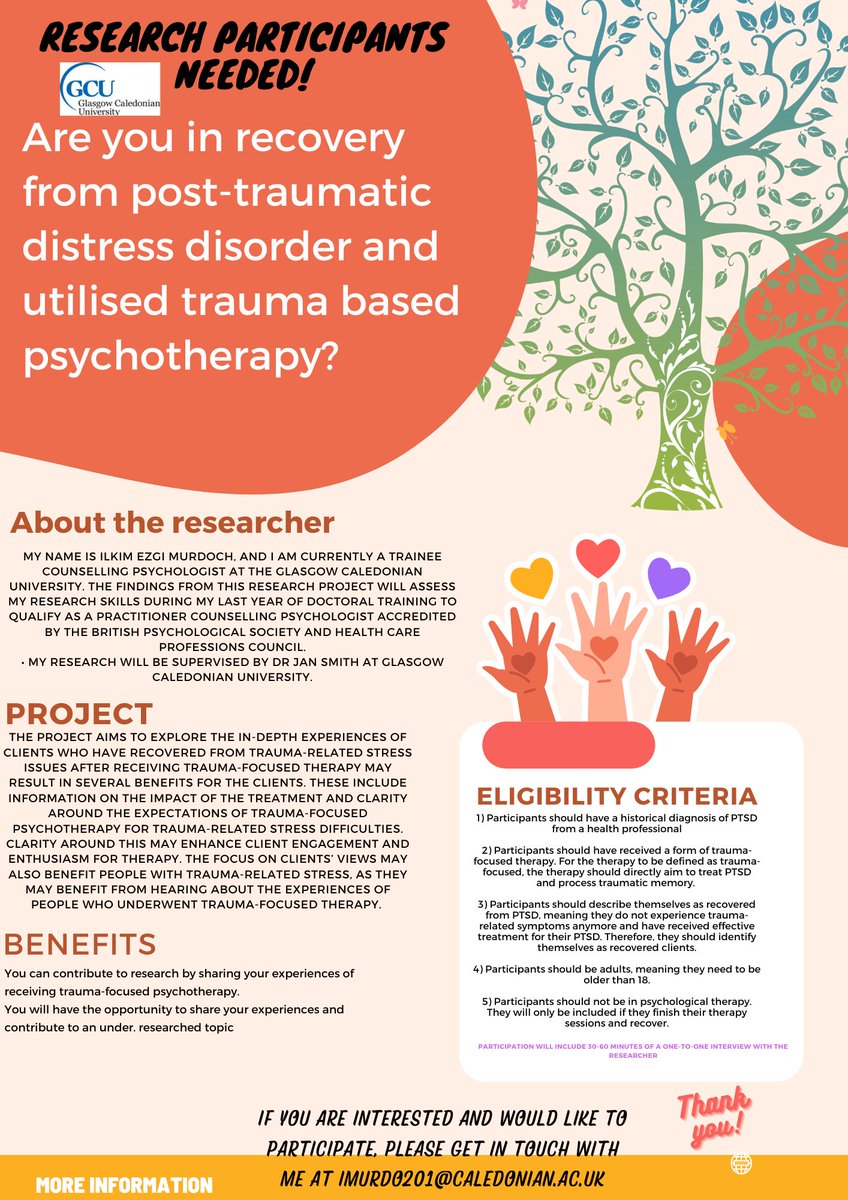 TraineeEzgi's tweet photo. Still recruiting participants for my research!! The study explores the experiences of people who had a historical diagnosis of PTSD and received trauma-focused psychotherapy and involves [30-60 minutes of semi-structured interviews.
Any retweet would be appreciated! https://t.co/d0Rveum1Ot