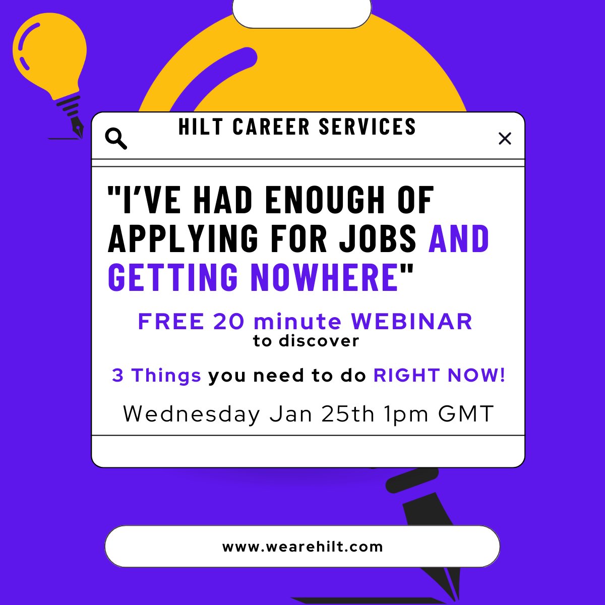 hiltcareers's tweet image. Do you feel your job search is going nowhere? Join our FREE 20-minute Webinar Wednesday January 25th at 1pm GMT to find out 3 things you can do - NOW!

Register at this link and tag anyone you know who may be interested:
us06web.zoom.us/webinar/regist…

#jobsearch #webinar #backyourself