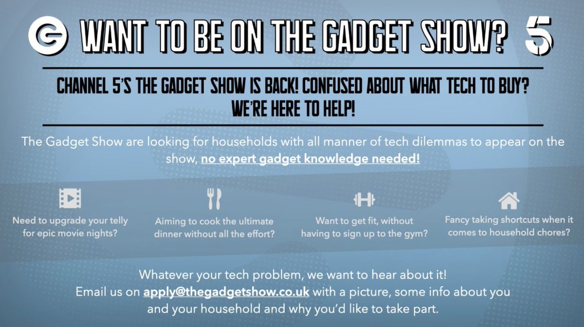 Calling all TV Stars!✨🕴️ We have this wonderful opportunity for community members to take part in Channel 5s The Gadget Show. Please email apply@thegadgetshow.co.uk with a picture, some info about you and your household and why you’d like to take part.