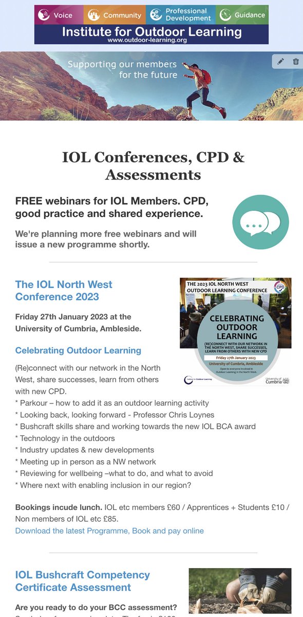 IOLOutdoorProfs's tweet photo. The IOL Events newsletter
IOL free webinars, the upcoming #outdoorprofessionals conferences and #Bushcraft assessments.
PLUS - courses provided by our members.
https://t.co/ER8yWLBzer https://t.co/VCojSKCLPa