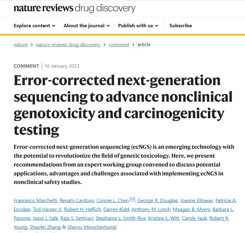 New #HESI #GTTC pub highlighting the potential applications, advantages and challenges associated with implementing error-corrected #sequencing in nonclinical safety studies.  #genetox #ecngs #duplexseq #genotoxicity #carcinogenicity <a href="/NatRevDrugDisc/">Nature Reviews Drug Discovery</a> 
ow.ly/6yU650Mstel