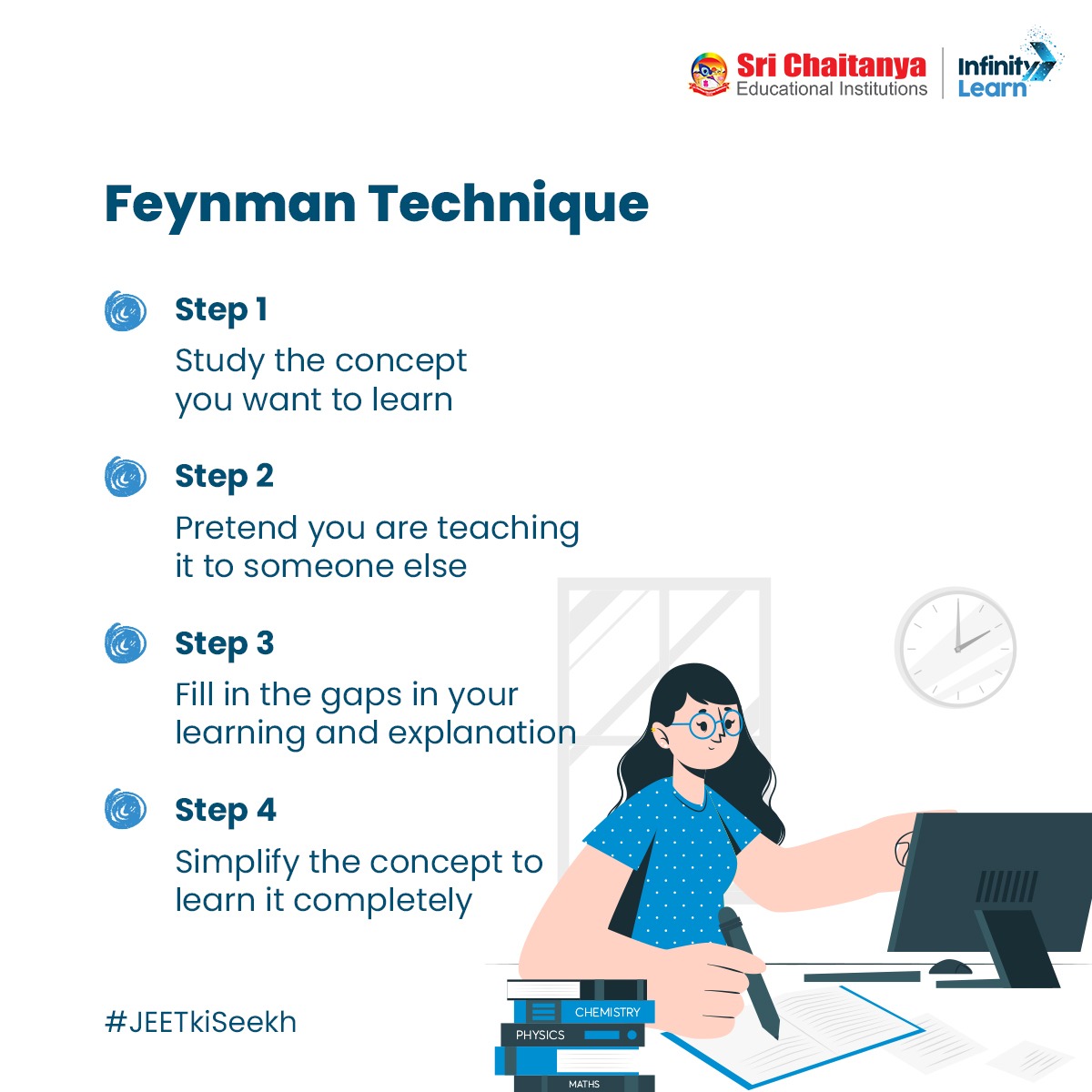 Understand complex concepts and ideas by breaking them down into simple, easy-to-understand language with the #FeynmanTechnique of learning and ace #JEE.​

#EffectiveStudyingTechniques #LearningMethods #JEEMain #JEETkiSeekh #JEEMain2022 #SriChaitanya