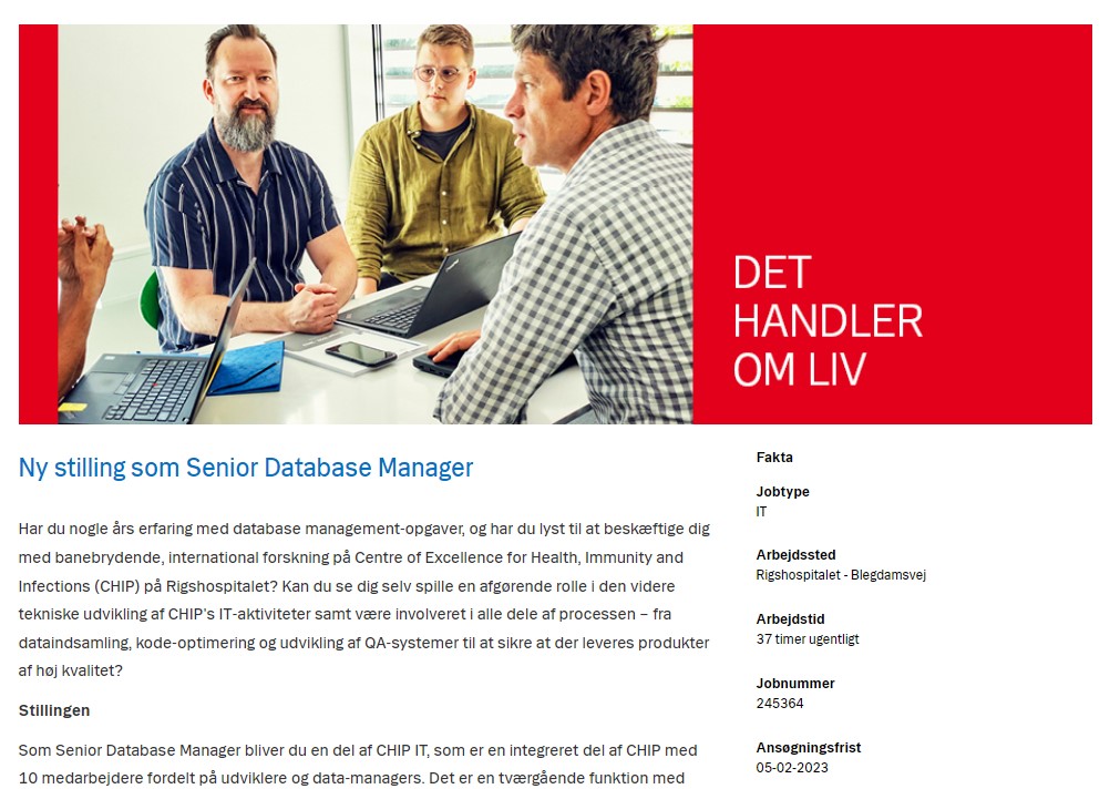 cphiv's tweet photo. Ny stilling som Senior Database Manager
Har du nogle års erfaring med database management-opgaver, og har du lyst til at beskæftige dig med banebrydende, international forskning på CHIP på Rigshospitalet? 
Læs mere og ansøg senest den 5. februar 2023.
https://t.co/PeyvrzOqCL https://t.co/3MiGtbJJ6u