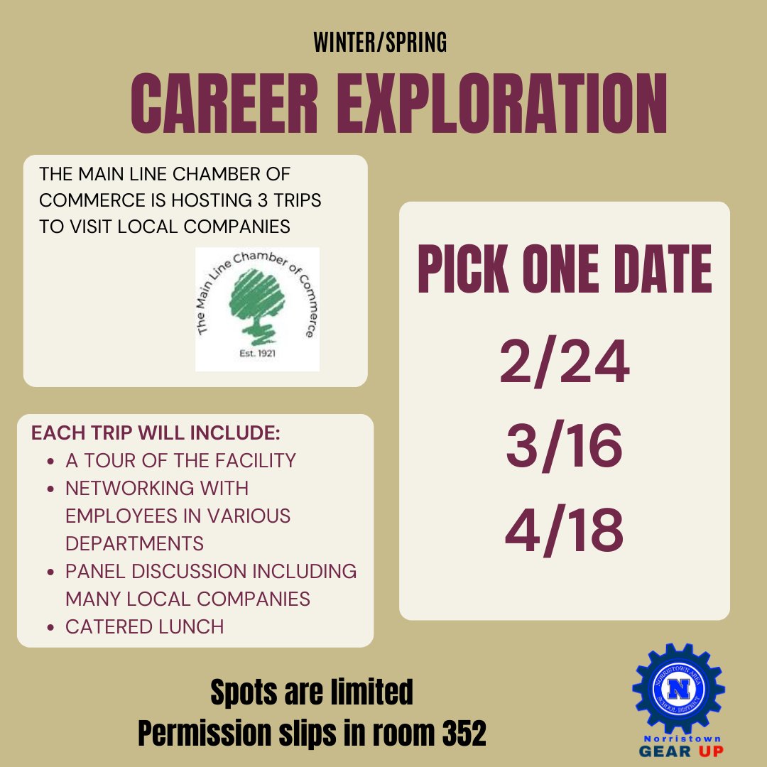 Not really sure what you want to do after you graduate?  Join us to visit and learn about local companies! We will tour the facility, network, hear from a panel, AND have the opportunity to learn interview and resume writing skills! <a href="/NorristownASD/">Norristown Area School District</a> #gearupworks