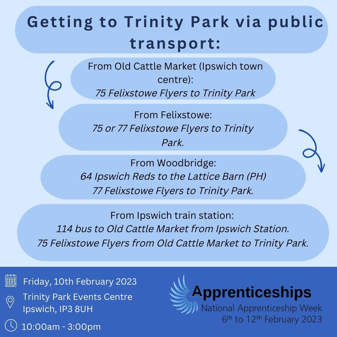 With only 3 weeks to go until National Apprenticeship Week please see useful transport information for those attending our Apprenticeship Celebration Event at Trinity Park on Friday 10th February 2023. 

To book your free ticket to the event please visit: eventbrite.com/e/apprenticesh…