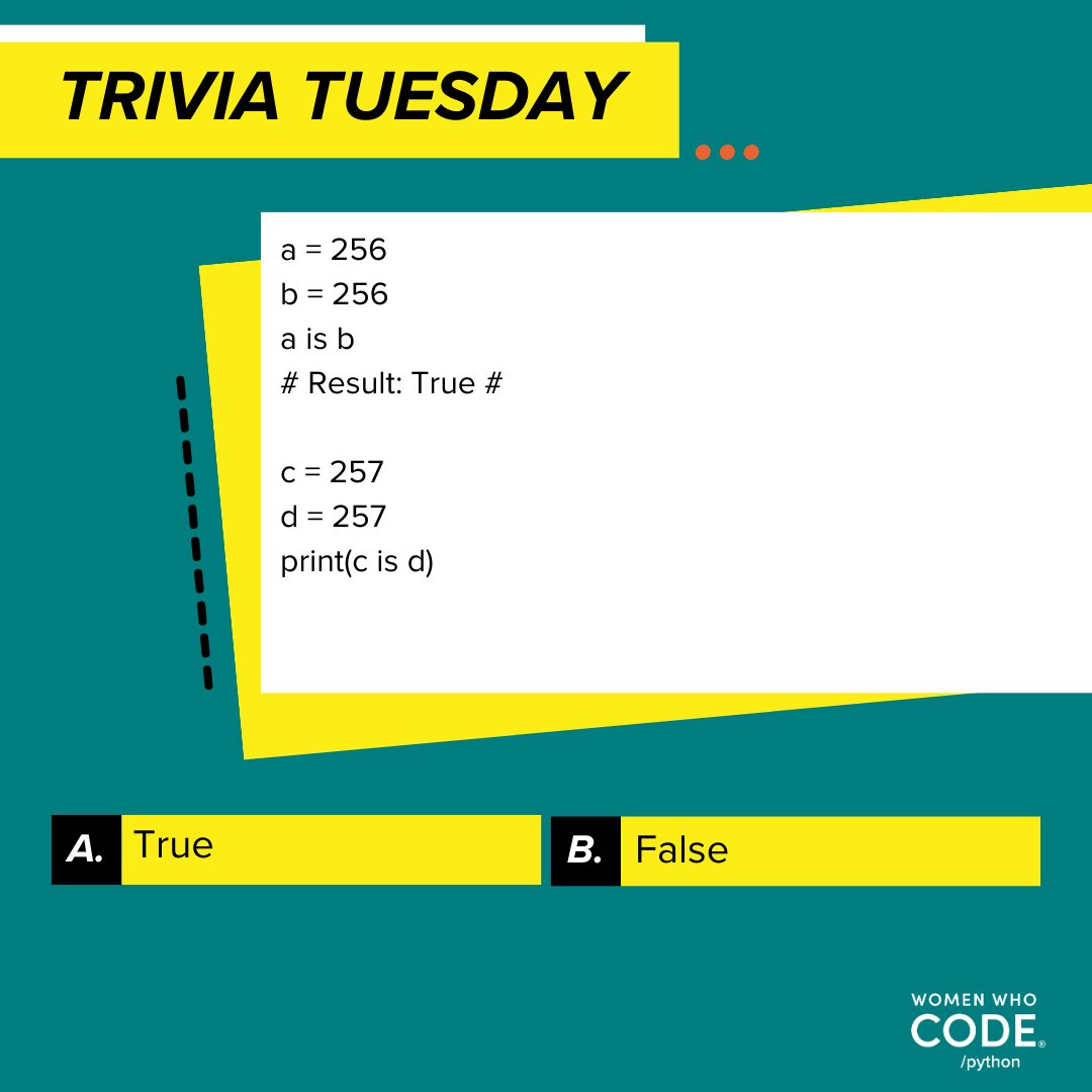 womensoftwarepy's tweet photo. It's Trivia Tuesday!
True or False? Leave your answer in the comments !
Text version: https://t.co/KTjEoB5L4x
#wwcode #womenwhocode #trivia #python #pythoncode #pythoncoding #pythonprogrammer #wwcodepython #womenintech https://t.co/6JOH47CdA8
