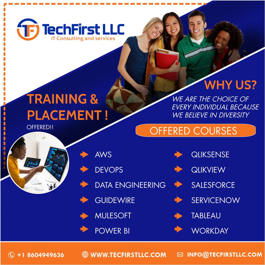 TechfirstH's tweet image. #ittraining #placement #awscloud #powerbi #dataengineering #tableau #guidewire #workday #mulesoft #servicenow #salesforce #devops #devopsengineer #techfirstllc #usajobs #usaitjobs
tecfirstllc.com
Email-info@tecfirstllc.com
Tel:+18604949636
South Windsor,Connecticut,USA