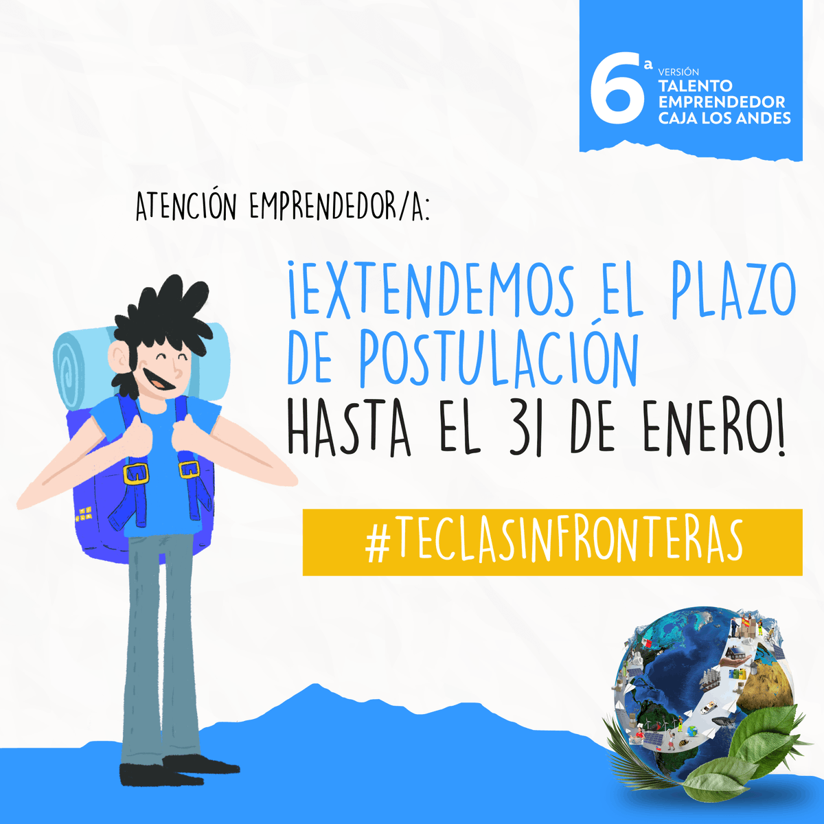 Porque queremos que más emprendedores/as tengan la oportunidad de impactar a toda una región 🌎

Extendemos el plazo de postulación a TECLA 6! Ahora tienes hasta el 31 de enero a las 23.59 para postular en cajalosandes.cl/tecla