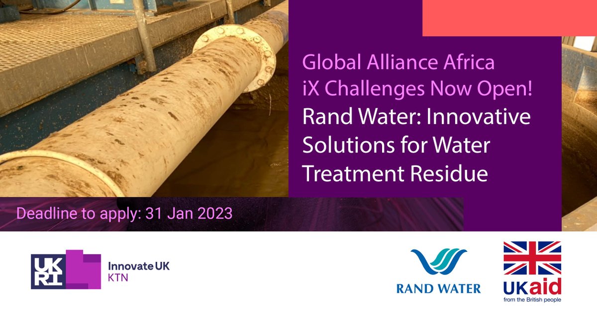 IUK_Global's tweet photo. Not long left to apply for @Rand_Water's #watertreatmentresidue Challenges. Deadline: 31 January 2023.

Apply here: https://t.co/562DTfF9GH

#africachallenge #globalallianceafrica #UKAid
@FCDOGovUK @BabarJavedGAA https://t.co/nnpeNj3Dg1