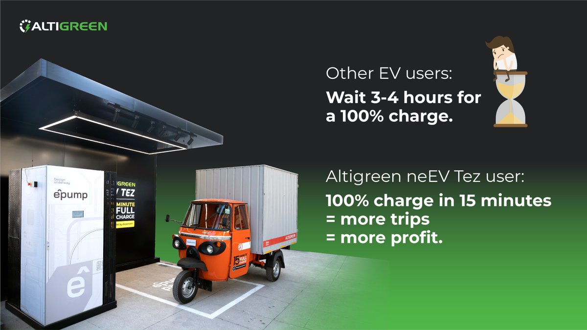 No more waiting for long hours to be on road again. Because in just #15minutes, you can now charge your EV to 100%. While others wait to charge their EVs for 3-4 hours, you would be going for more trips and more earnings.

#AltigreenEV #neEV #goelectric #3wheelerev #fastcharging