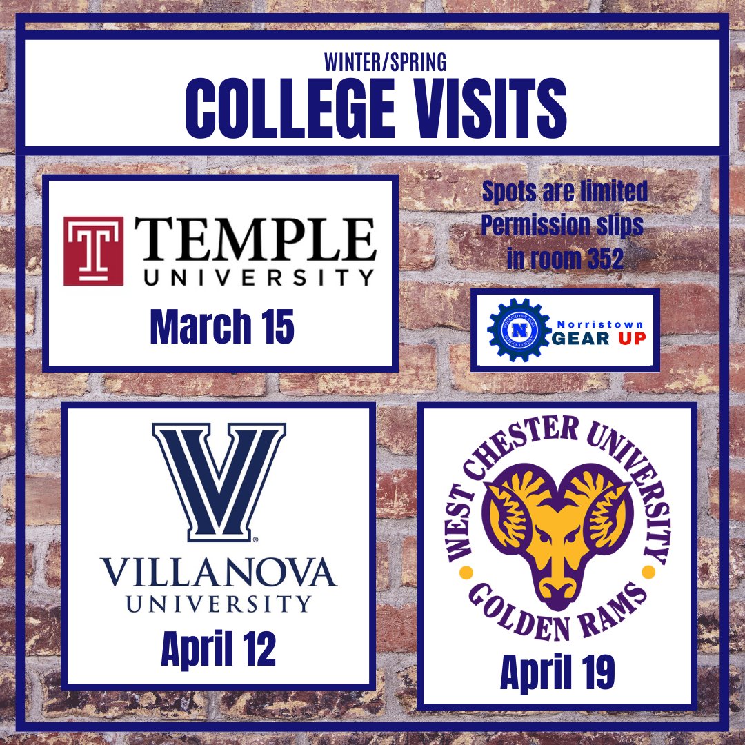 college visits are back! get a permission slip from GU in 352 or in the cafeteria from Ms. Kristin or Ms. Alexis! #postsecondarysuccess #nahsgu #gearupworks <a href="/NorristownASD/">Norristown Area School District</a> <a href="/edpartnerships/">NCCEP</a>