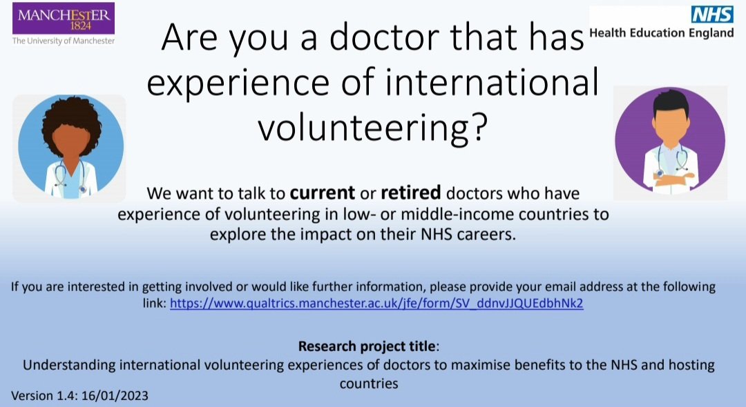 🗣 I am looking to speak to doctors about their experiences of volunteering in LMICs for my PhD study. I am now including those aged under 30. Previously, I had opted to speak to qualified doctors to ascertain how their careers had been impacted by volunteering.