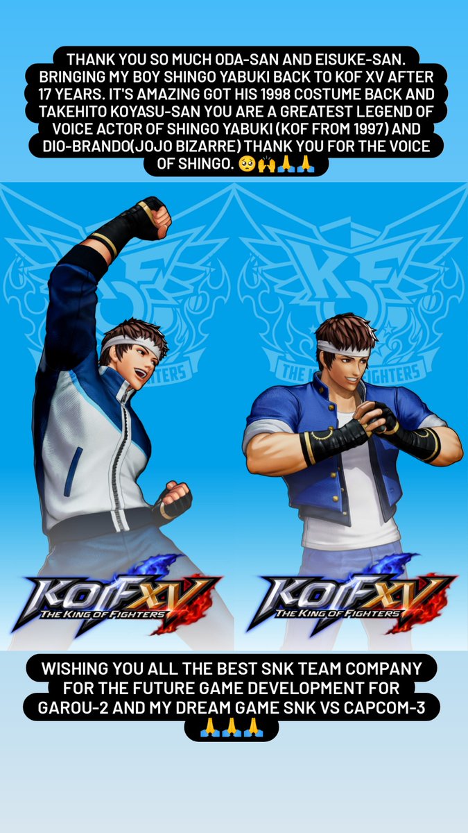 ありがとうSNK Yasyuki Oda-San And Eisuke Ogura-San 🤝🙏🇮🇳🇯🇵
KOF XV は永遠に私の最高のゲームです。 次のゲーム「ガルーツー」もよろしくお願いします。 🤩🤩
#SNK #KOFXV #KOF15 #KOFXV_SHINGO #SHINGOYABUKI #TAKEHITOKOYASU #DioBrando