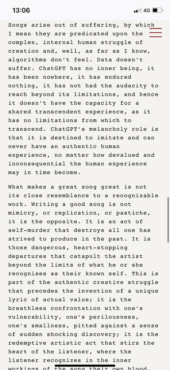 Interventi0n_'s tweet photo. Absolutely obsessed with Nick Cave’s response to a fan sending him AI-generated lyrics “in the style of Nick Cave” https://t.co/8DJmZpwbsv