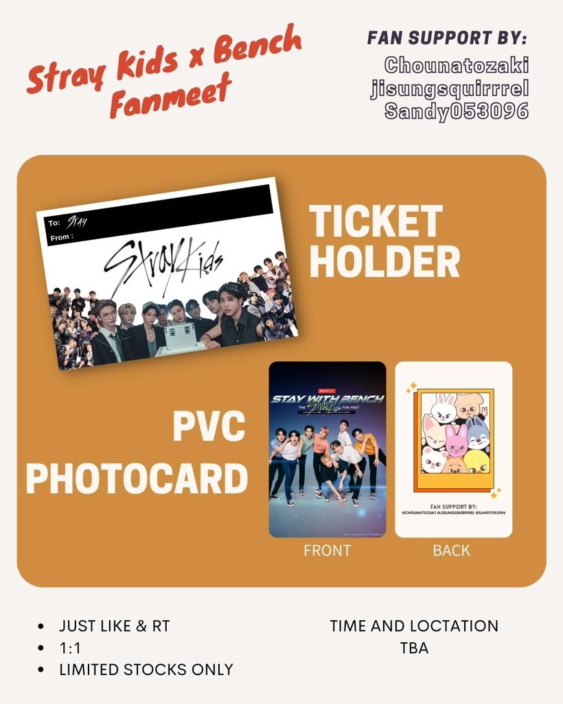 Chounatozaki's tweet photo. STRAY KIDS X BENCH FANMEET GA

Hi! We will be giving away ticket holders w/ pvc pc inside ✨

~like &amp; rt this twt
~Open for trades

Limited stocks only!!!

Fansupport by @Chounatozaki @jisungsquirrrel and @sandy053096 🫶🏻

#BENCHxSTRAYKIDS #StayWithBENCH https://t.co/RYwjioSbRR