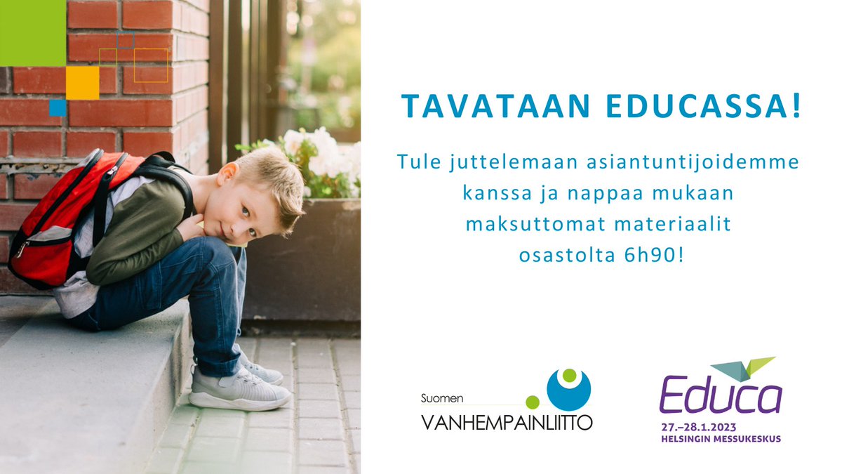 #Vanhempainliitto on mukana #Educa2023-tapahtumassa 27.–28.1.2023!
Tule juttelemaan asiantuntijoidemme kanssa ja nappaa mukaan maksuttomat materiaalit osastolta 6h90. Osallistumme myös messujen ohjelmaosioihin. Lue lisää! 👇
vanhempainliitto.fi/tapahtumat/edu…
#KotiJaKoulu #kasvatusyhteistyö