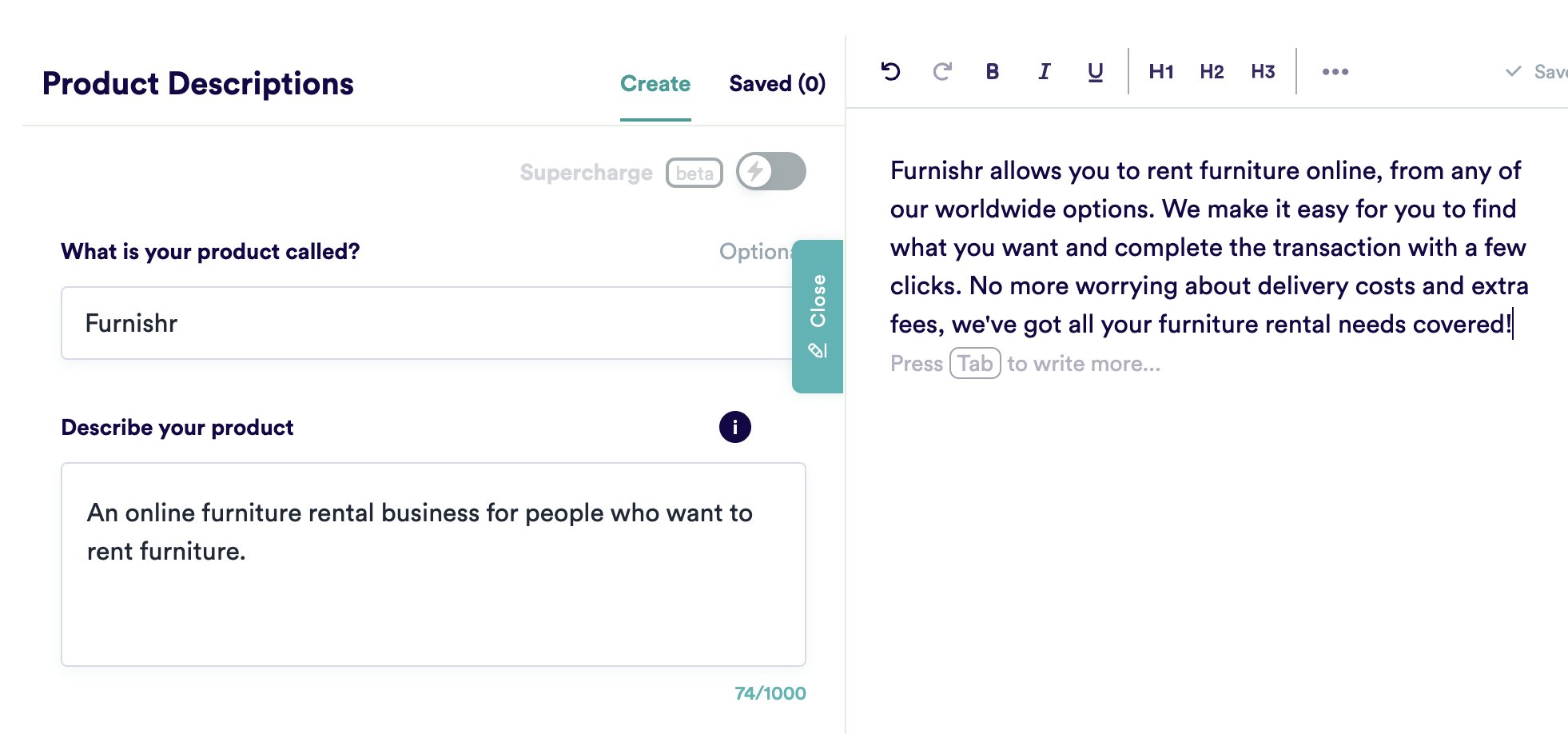 You can use it to generate a description for your business too.

I picked the name Furnishr and aske