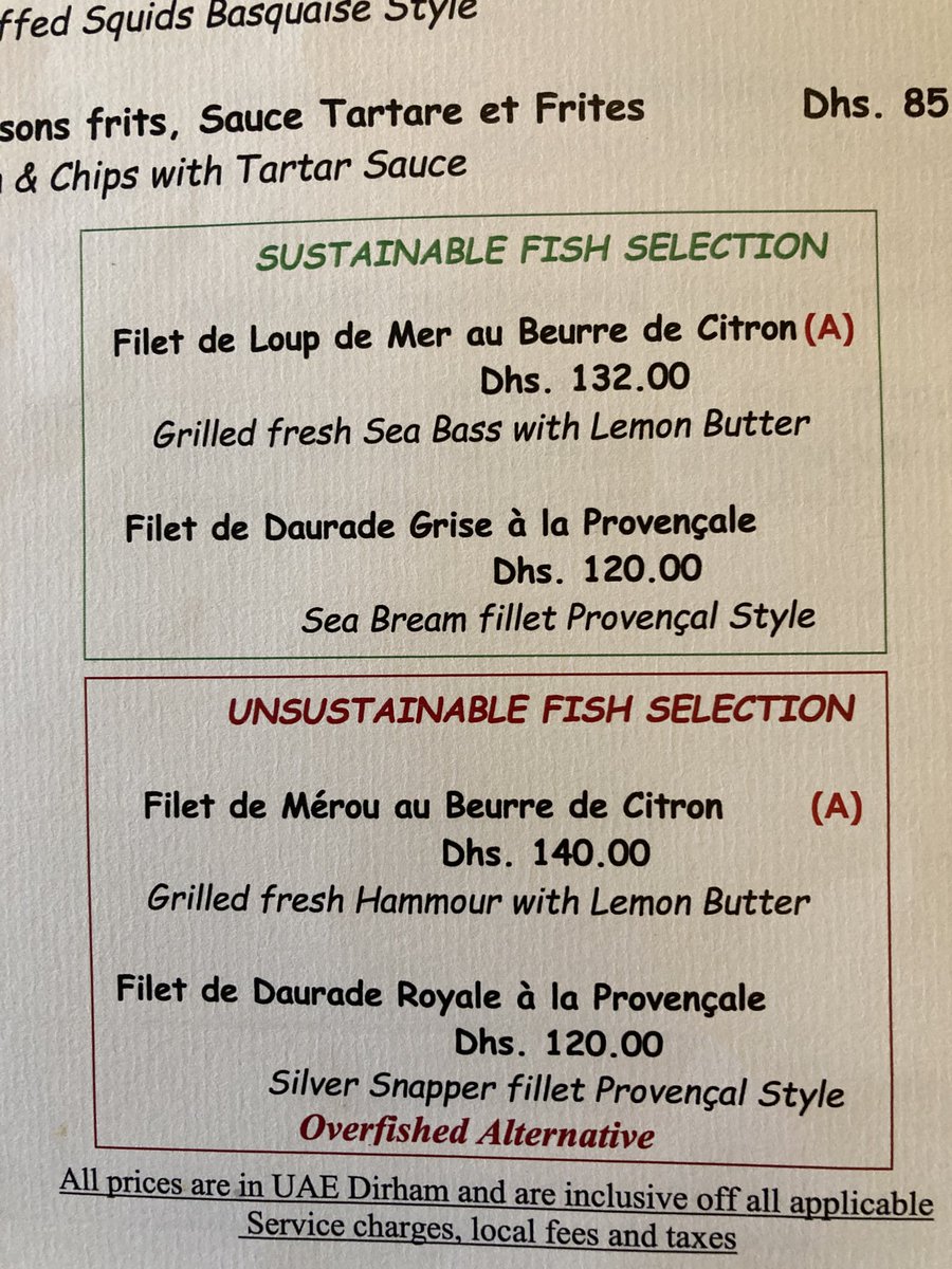 dabbadie's tweet photo. French restaurant in Abu Dhabi offers fish menu highlighting stock status of the species https://t.co/8vkBSfhOag