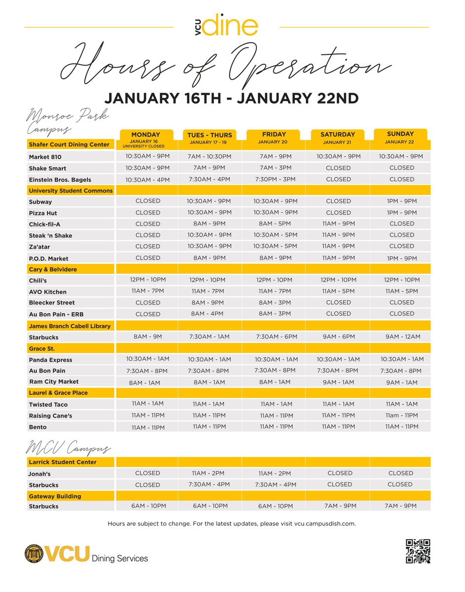VCU_Dining's tweet photo. Welcome back, Rams! Here are this week's hours of operation. ๐ฅก๐๐ช
#VCU #VCURams #LetsGoVCU #VCUDine #VCUDining https://t.co/oHj4qFg09j