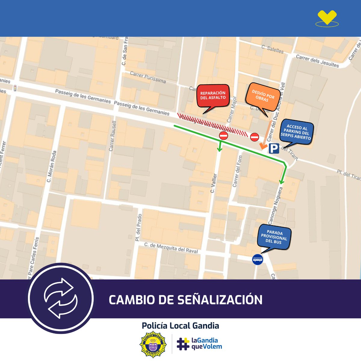 PLGandia's tweet photo. ⚠️Canvi a la senyalització provisional: A causa dels problemes que estaven causant els desviaments provisionals de la reparació de paviment del Passeig de les Germanies, es modifica el sentit de la circulació al tram Vallier - Canonge Noguera. https://t.co/ituZc4my0r